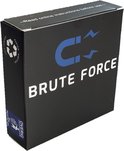 Zwarte doos met Brute Force logo en tekst. Grijze achtergrond, schuine weergave.