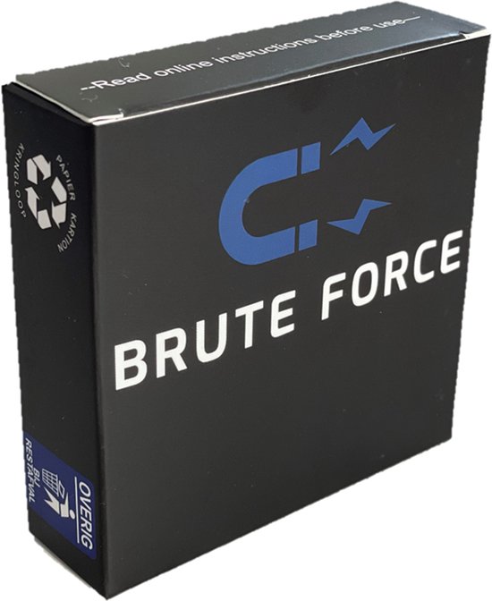 Zwarte doos met Brute Force logo en tekst. Grijze achtergrond, schuine weergave.