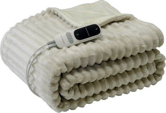 Seranova Elektrische Deken XXL - Extra Warmtedraden - Gestreept Model - 180x160 cm - 2 persoons Warmtedeken - Dubbelzijdig Fleece - Beige