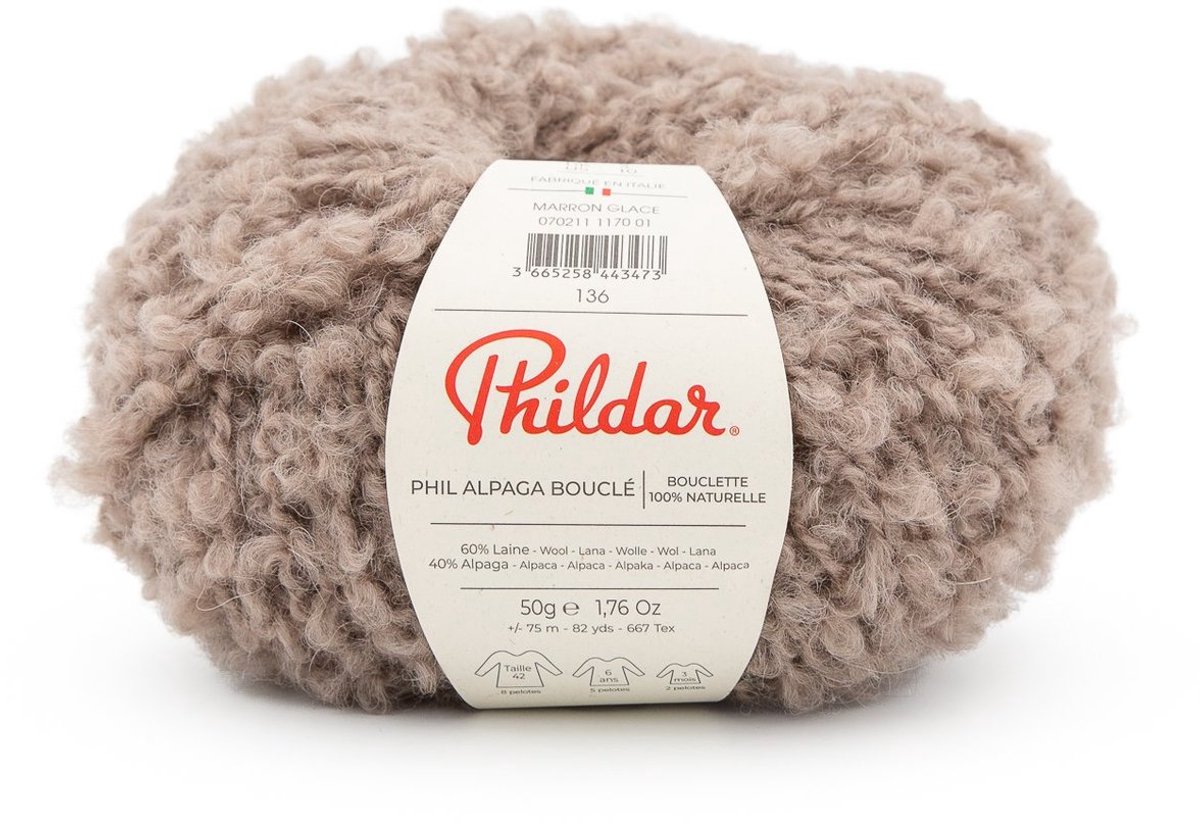 Phildar - Alpaga Bouclé - 100 % natuurlijke premium breigaren - 40 % Alapaca, 60 % Wol - Krullend effect - Wordt per 5 stuks verkocht - Kleur : Maron Glacé