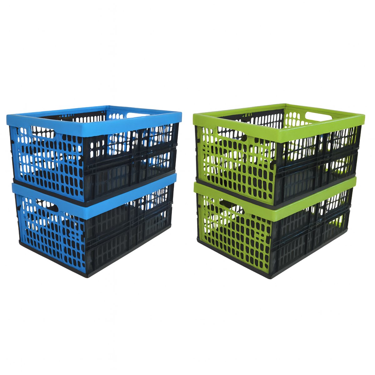 Vouwkratten – Vouwkrat – Boodschappenkrat – Inklapbaar – Stapelbaar – Set van 4 stuks - 32 Liter – Zwart/Groen – Zwart/Blauw