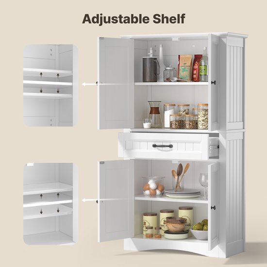 Xbro Badkamerkast met 4 Deuren en 1 Lade – Hoge Opbergkast met Verstelbare Planken – Brede Kast voor Badkamer, Keuken of Slaapkamer – Voor Badkamer – 130 x 70 x 30 cm – Wit