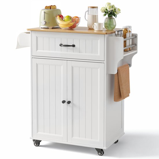 Desserte de cuisine Xbro avec tiroir, placard et porte-serviettes – Desserte avec plan de travail et Roues – Desserte de service – 64 x 45 x 85 cm – Wit
