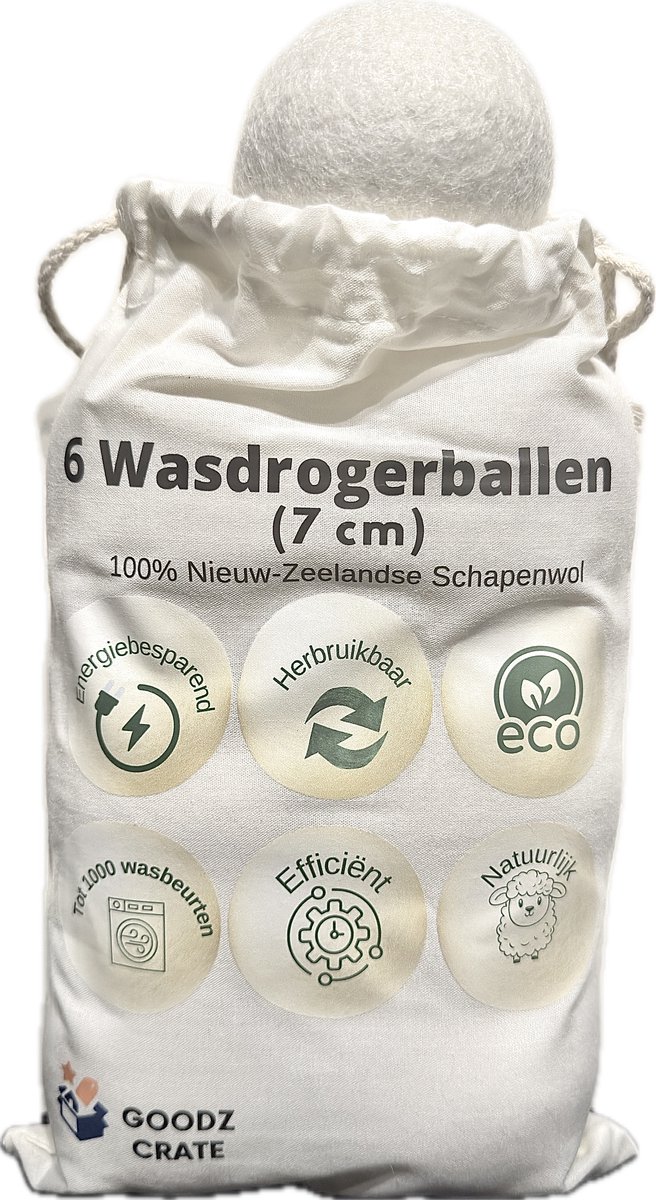 Goodz Crate Drogerballen - 6 Wasdrogerballen - 100% Schapenwol - Droogballen met Opbergzak