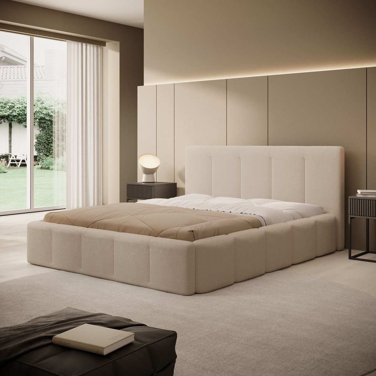 MEUBELLA Tweepersoonsbed Excalibur - Beige teddystof - 160x200 cm