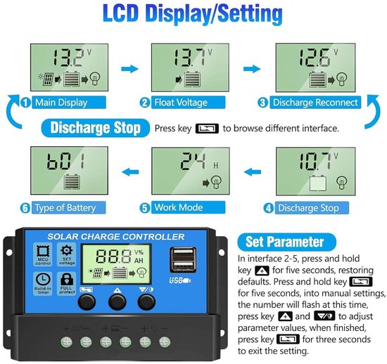 30A Solar Charge Controller - 12V/24V Zonnepaneelregelaar - met verstelbaar LCD-scherm - Dubbele USB-poorten Timerinstellingen - Laadregelaar van ECO-WORTHY — afbeelding 2