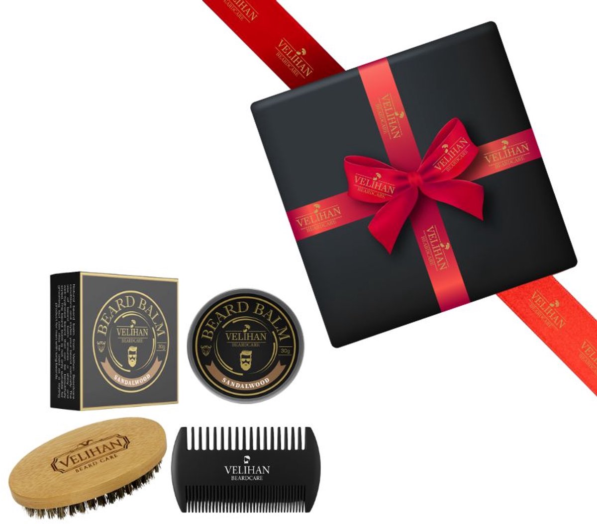 Velihan Beardcare - Baardverzorging Trio Pack Baardbalsem Sandalwood 30g, Baardborstel en Baardkam - Cadeau voor mannen - Vaderdag Cadeau - Cadeau voor hem - Cadeau voor Kerst - Valentijdsdag mannen - Giftset mannen - Geschenkset man