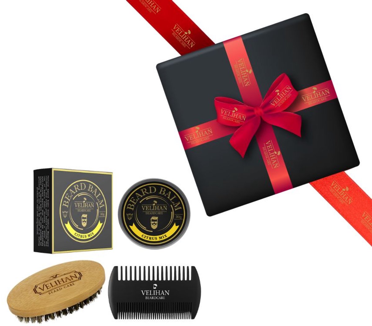 Velihan Beardcare - Baardverzorging Trio Pack Baardbalsem Citrus mix 30g, Baardborstel en Baardkam - Cadeau voor mannen - Vaderdag Cadeau - Cadeau voor hem - Cadeau voor Kerst - Valentijdsdag mannen - Giftset mannen - Geschenkset man