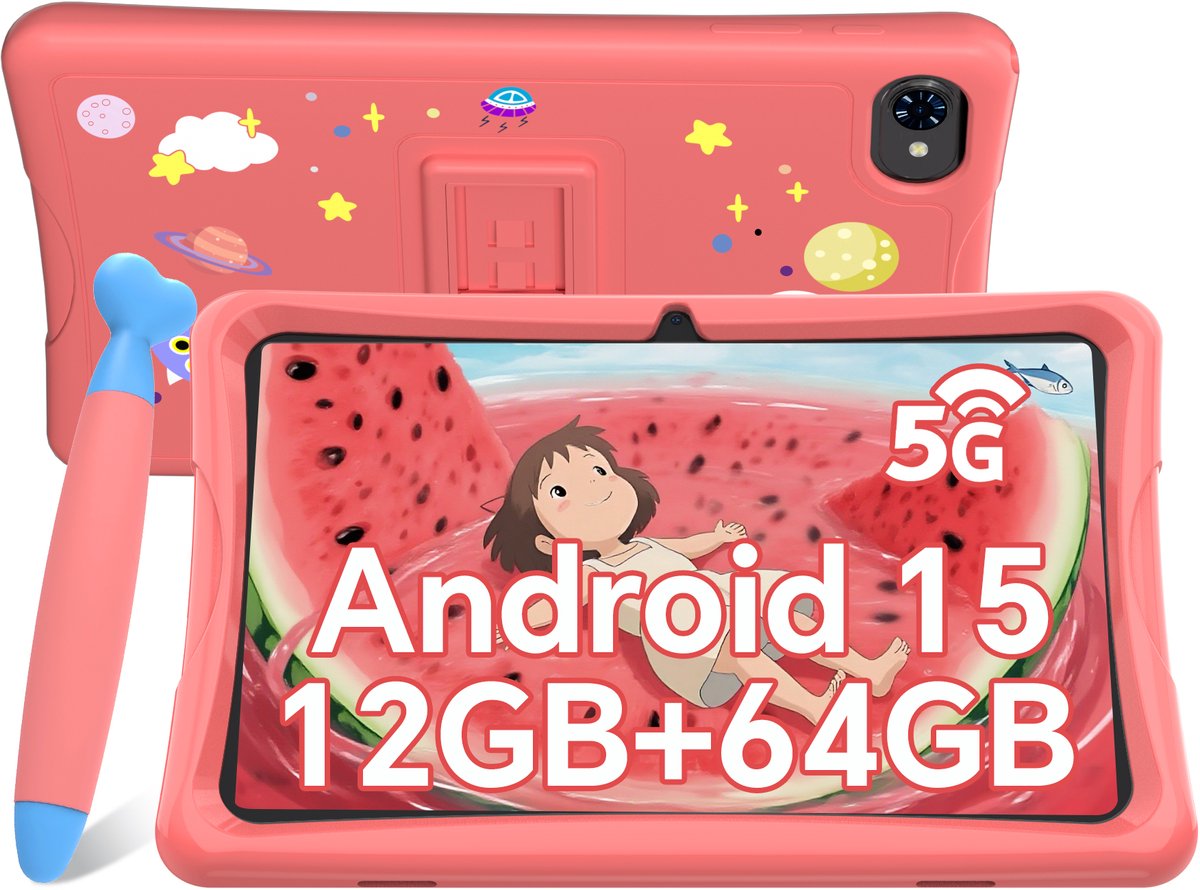TABWEE K10 Tablet - 10.1 Inch FHD - 12GB RAM - 64GB ROM - SD 2TB - 5000 mAh - Android 15 - WiFi 6 - uitstekend cadeau voor kinderen - Roze