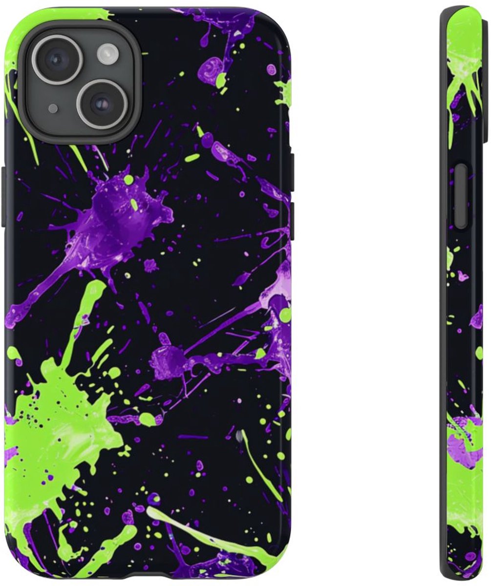 Groene en Paarse Verfspatten Patroon – Telefoonhoesje Geschikt voor iPhone 15 Plus