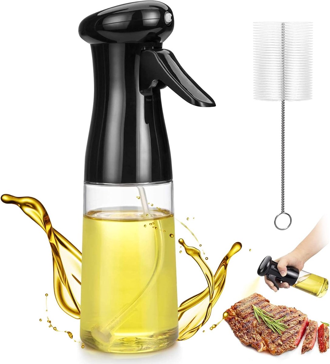 Oliedispenser met kwast, azijnspuit, 200 ml oliesproeier voor het koken, heteluchtfrees, grillen, salade, BBQ, bakken (zwart)