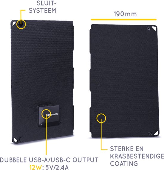 Panneau solaire flexible de Nieuwe génération 12W. Puissant et beaucoup plus léger, ultra-fin, incassable. pour smartphone, idéal pour le camping et la Marche - Zwart
