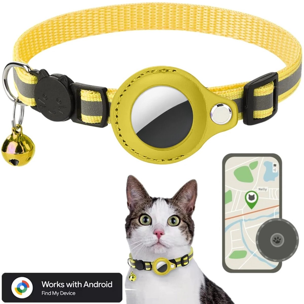 BlueTime ® - Kattenhalsband inclusief Tag - Halsband Kat & Kitten met Kattenbelletje - Gps Tracker Kat zonder Abonnement - Geschikt voor Android Find My Device - Kattenbandje, Poes, Kattenriem air & Tuigje met Houder - Geel