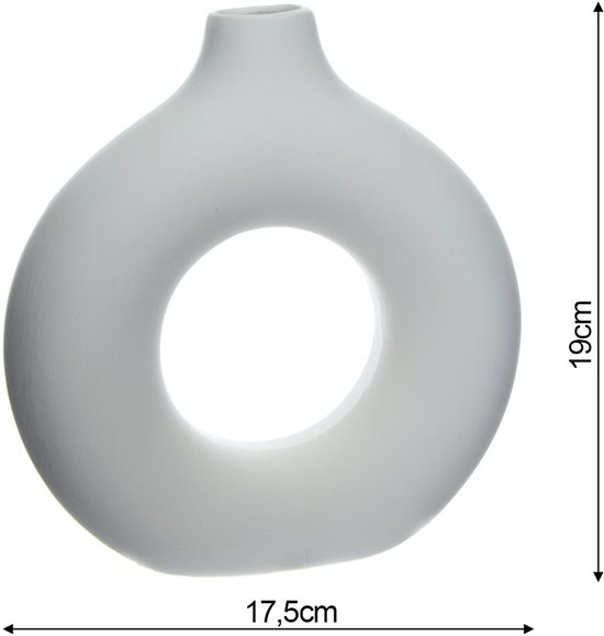 Moderne Stenen Vaas – Rond Met Open Cirkel – Effen Wit – 17,5 x 19 cm