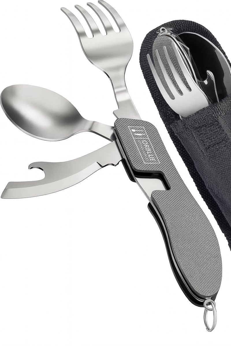 Homery • Camping Bestekset – 9-delig – Inclusief Mes, Vork, Lepel, Rietje & Opbergzakje – Grijs – Lichtgewicht & Herbruikbaar – Ideaal voor Kamperen, Reizen & Picknick