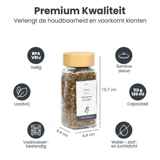 Glazen kruidenpotje van 120 ml met bamboe deksel, 10,7 cm hoog, 4,4 cm breed. BPA-vrij en vaatwasserbestendig.