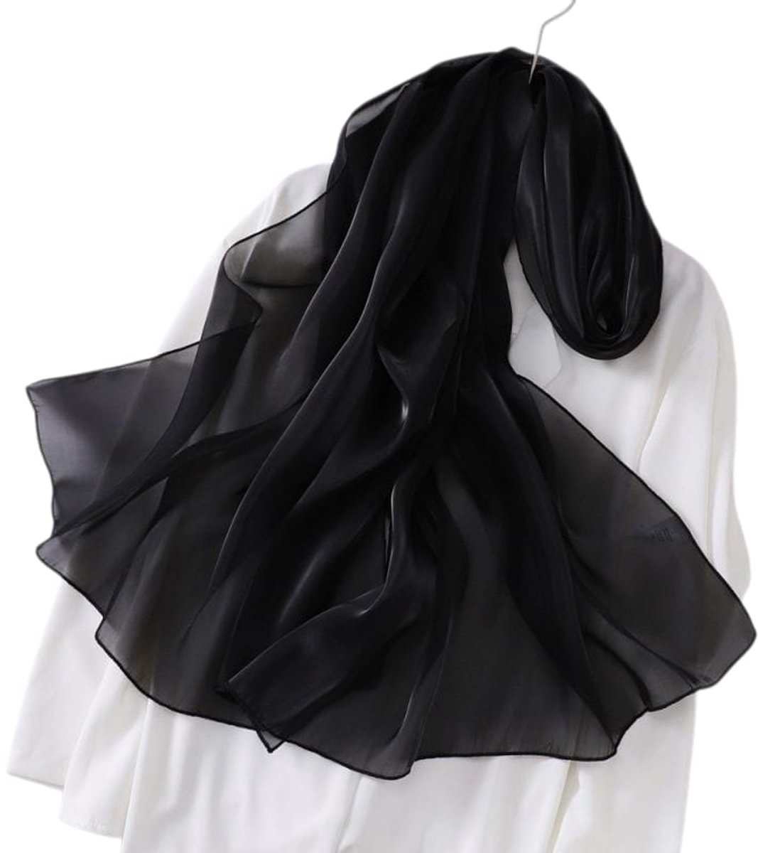 Mooie dunne dames sjaal silk Zwart- Omslagdoek 180x87 cm - 100% Mulberry silk - Duurzaam, glad, zacht- Silk scarf Zijde - Dunne Omslagsjaal - Modesjaal - Stola - Neksjaal Omslagdoek Sjaal Lang Satijn -Bruiloft- Gala| Cadeau voor Moederdag