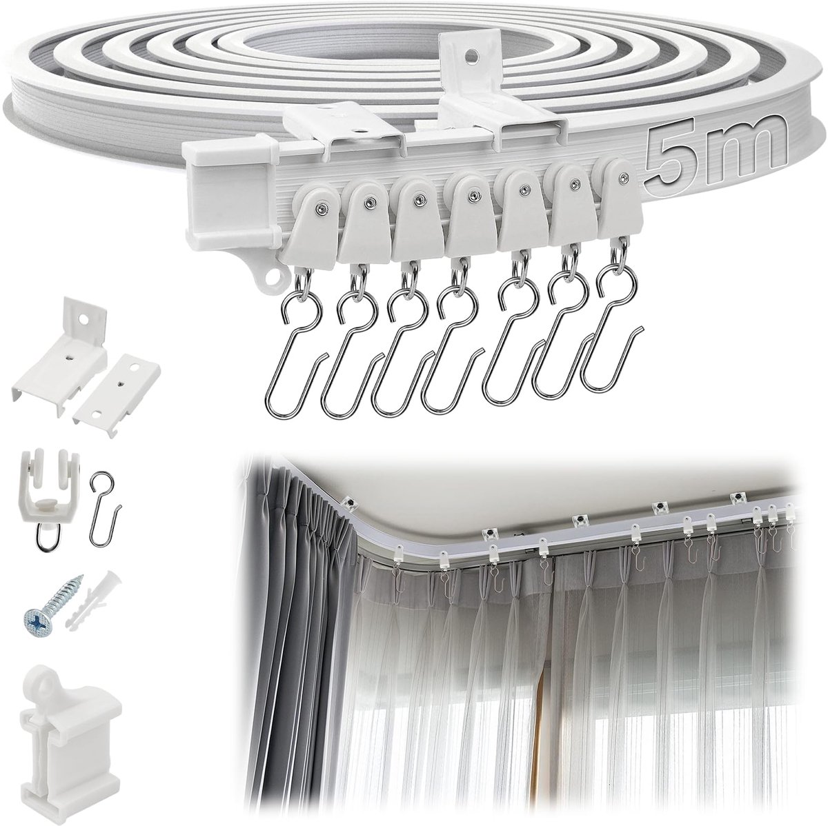 Stunq® 5 Meter Gordijn rail Flexibele gordijnrail voor plafond- en wandmontage in diverse ruimtes Wit