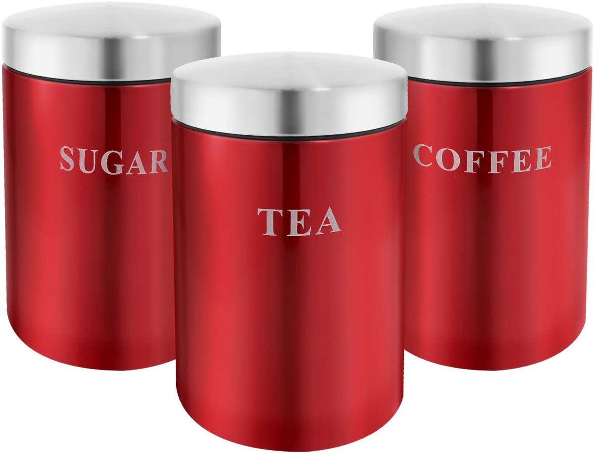 Cheffinger, Set 3 Roestvrijstalen dozen voor koffie, thee en suiker, luchtdicht, Rood