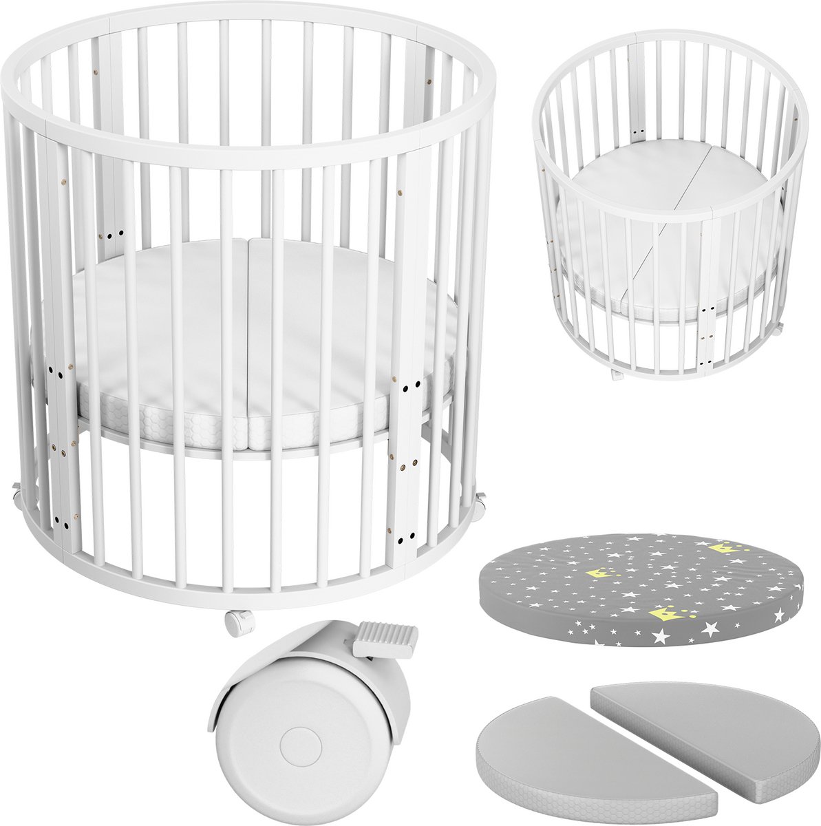 Flowsense Baby Box – Ronde Speelbox Playpen – Met Matras – Verstelbare Hoogtes – Wielen - Wit