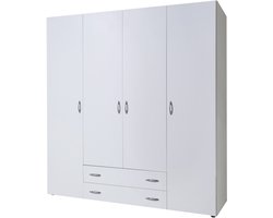 Kledingkast Baarlo - 160x176x52 cm (BxHxD) - Wit - Draaideurkast - 4 planken, 2 roedes & 2 lades - Garderobekast - Opbergkast