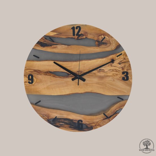 Wood et Oliviers - Horloge murale en bois d'olivier avec époxy - Fumée - Handgemaakt - 50 cm