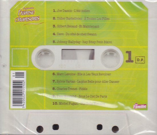 Cassette met 'Franse Chansons' artwork. Groen met witte patroon, wit cassettelabel met titellijst