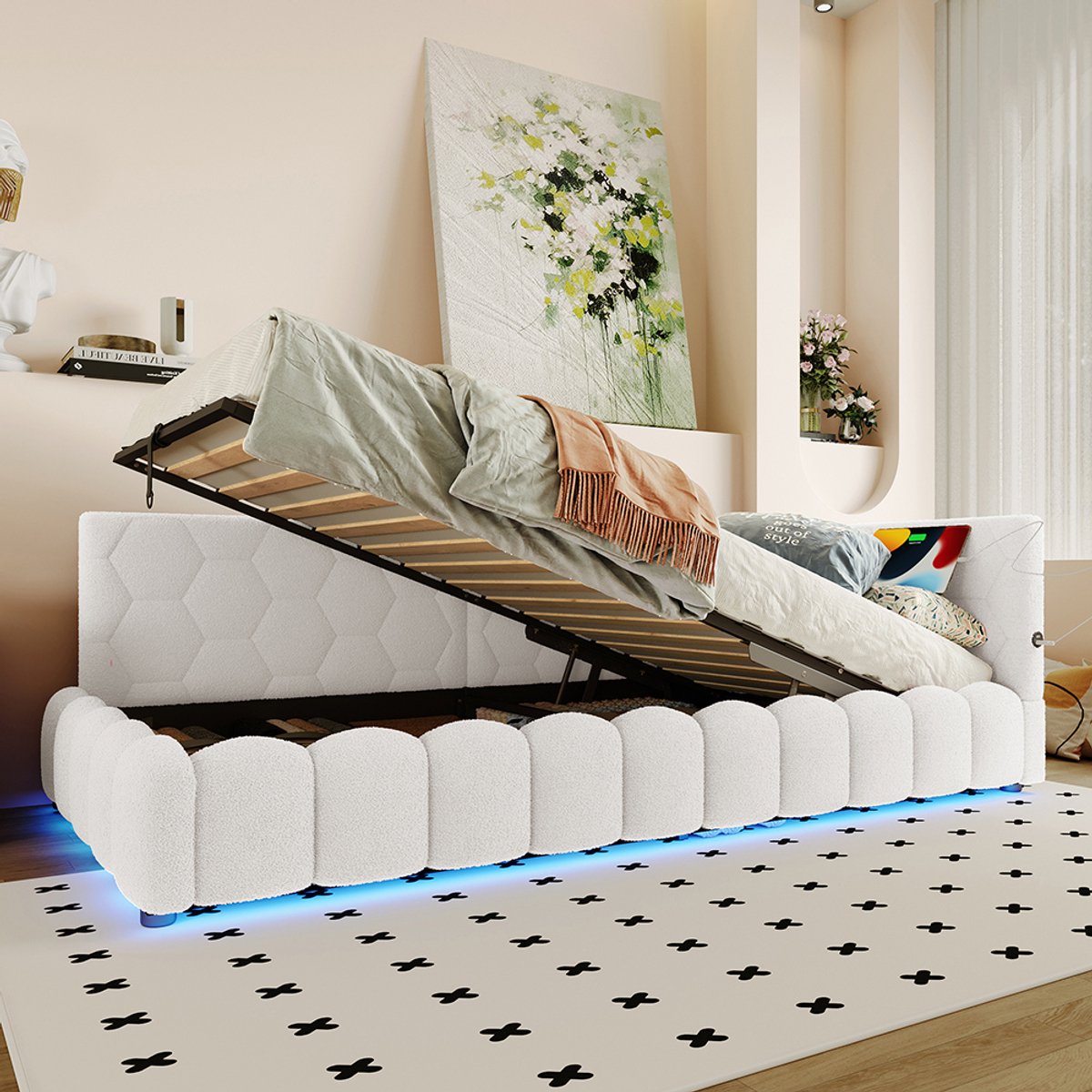 Komhtom Rustbed, 90*200 cm Rustbed, slaapbank, bed met lattenbodem (zonder matras), met LED-lichtbalk, met hydraulisch hefmechanisme, USB-poort, type C, comfortabel materiaal, imitatie fleece, wit