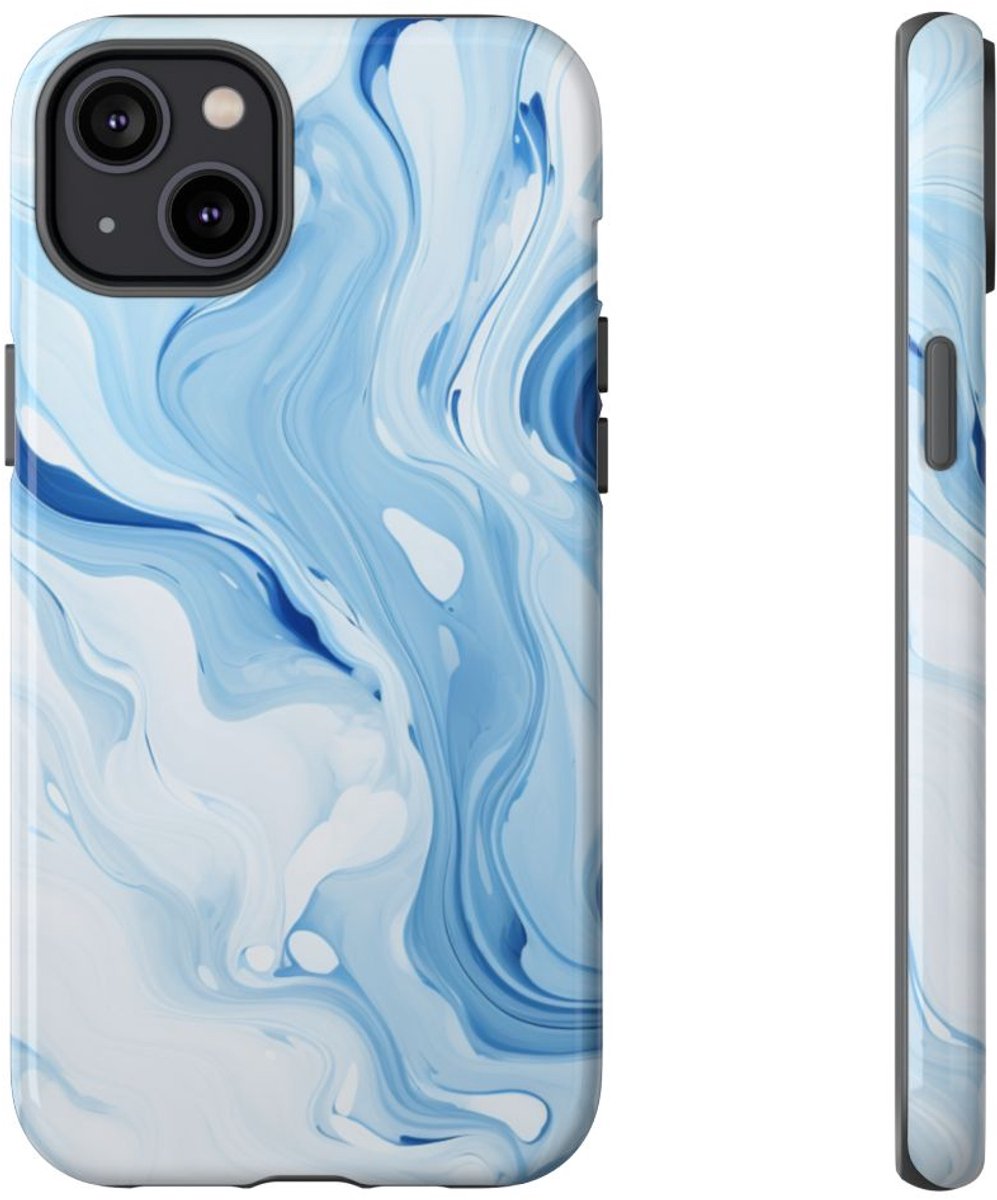 Blauw-Witte Marmerwerveling – Telefoonhoesje Geschikt voor iPhone 14 Plus