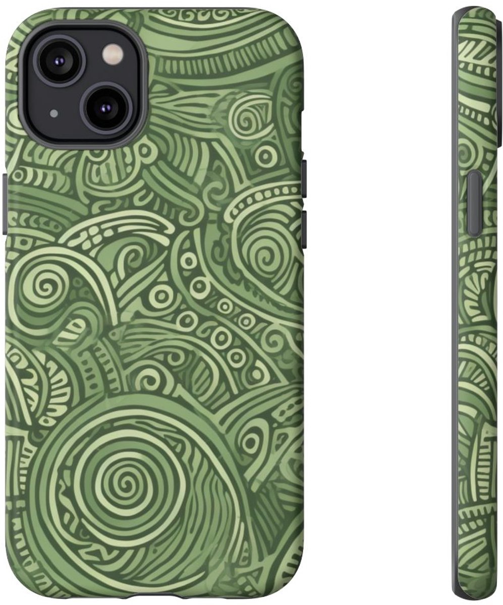 Abstract Groen Tribal Doodle Patroon – Telefoonhoesje Geschikt voor iPhone 14 Plus