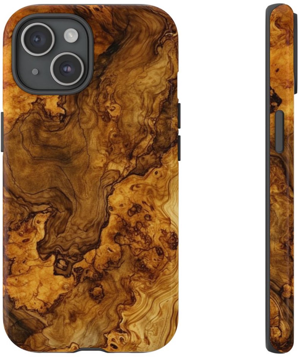 Luxe Burlhoutstructuur met Glanzende Afwerking – Telefoonhoesje Geschikt voor iPhone 15