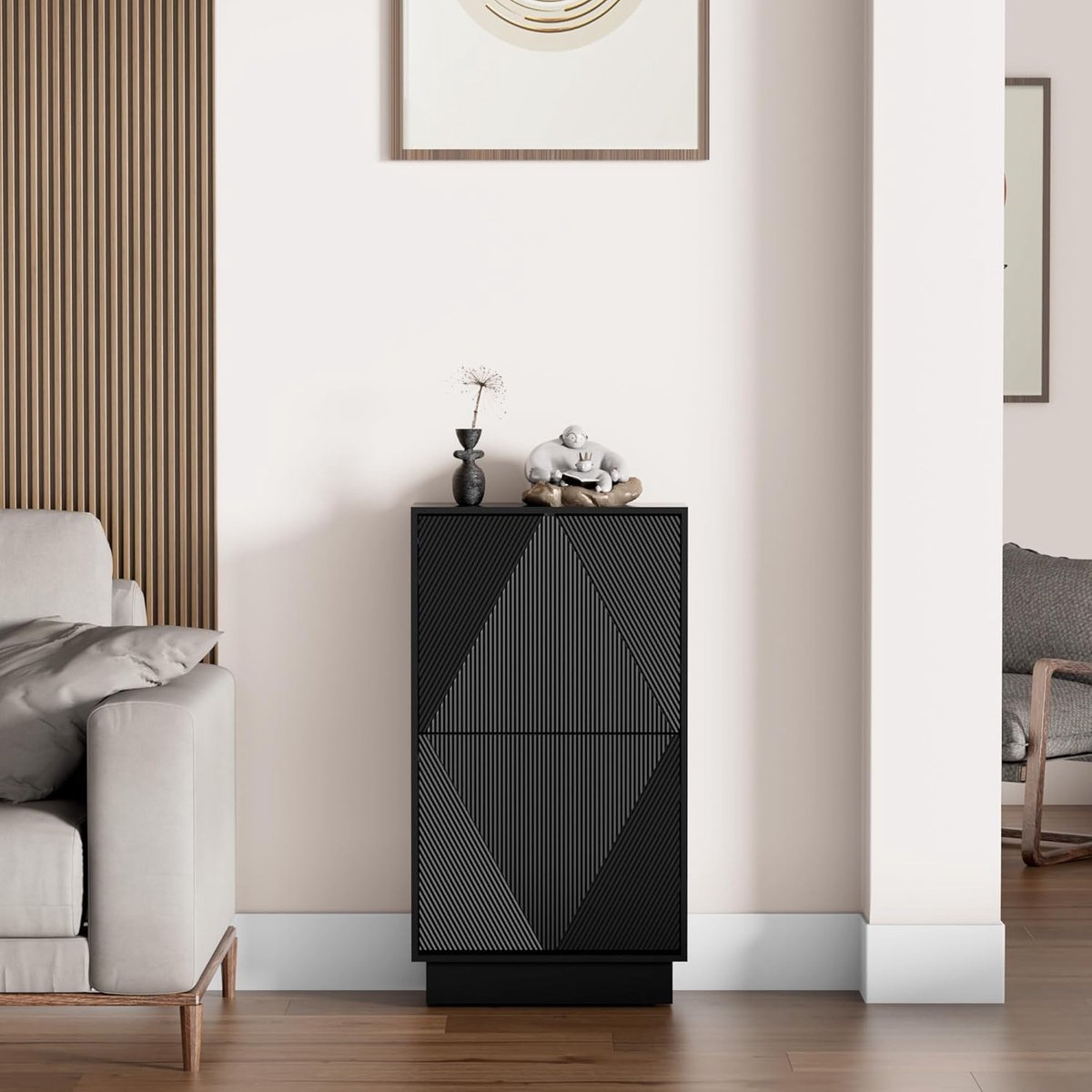 UEV Schoenenkast met 2 kleppen, schoenenkast met lijnpatroon, schoenenrek met anti-kantelfunctie, voor hal, entree, woonkamer, 50 x 24 x 91 cm, zwart