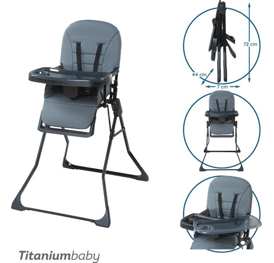 Titaniumbaby Kinderstoel Bistro Charcoal Grey / Eenvoudig reinigbare bekleding / Extra afneembaar eetblad / Verstelbaar eetblad / Compact inklapbaar design