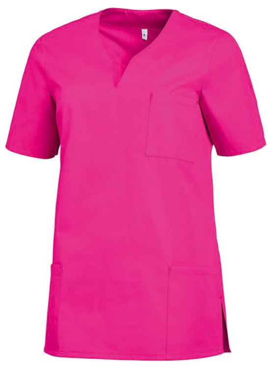 Fuchsia damesjasje met V-hals, korte mouwen, een borstzak en twee steekzakken.