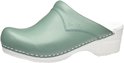 Mintgroene Sanita klomp met witte zool en witte stiksels.