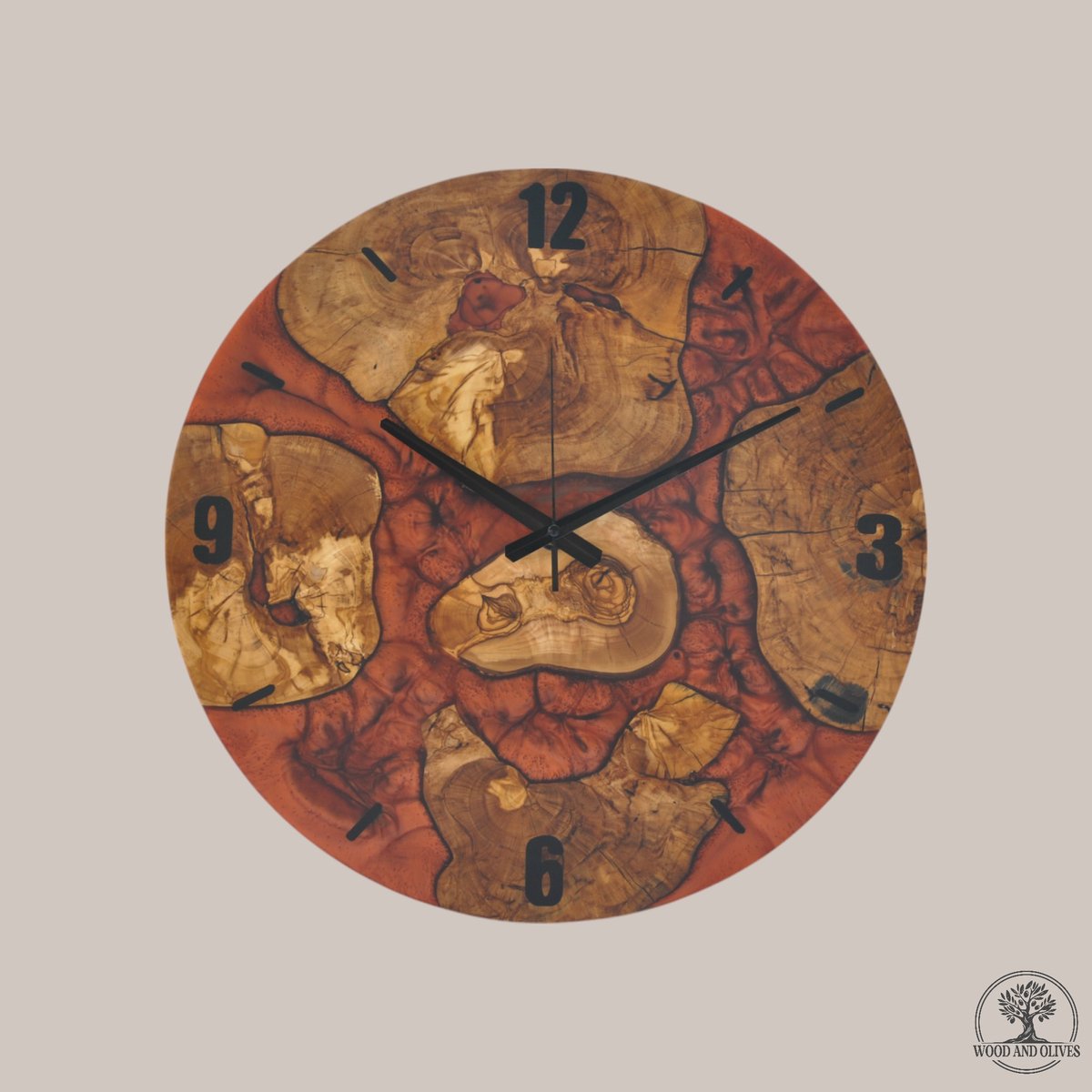 Wood and Olives - Olijfhouten Wandklok met Epoxy - Koper - Stille Grote Wandklok - 50 cm