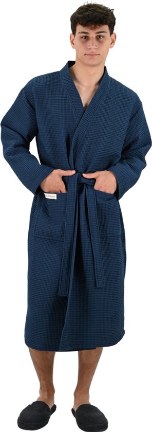 PandaHome - Badjas Unisexe - Badjas 100% Katoen - L - Marine - Gaufre en Katoen - Kimono - Badjas Femme - Peignoir Homme - Badjas Femme et Homme - L