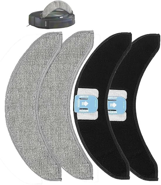 Vier grijze dweilpads en twee zwarte dweilpads met sluitingen, naast een robotstofzuiger.