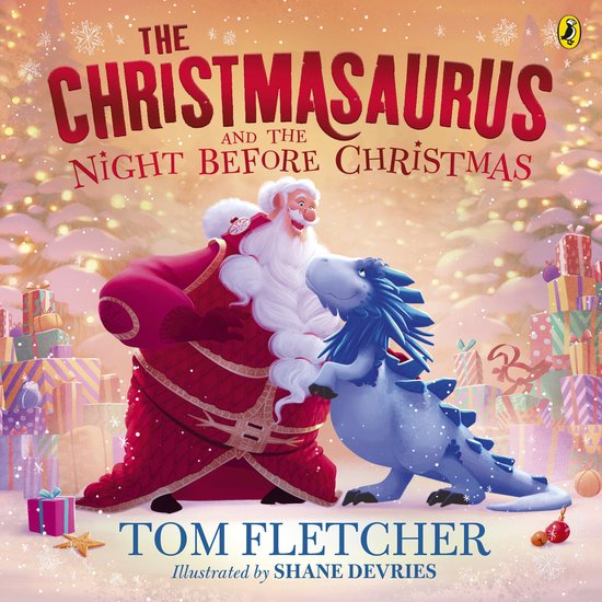 Kerstman en de blauwe Christmassaurus staan voor een stapel cadeaus. Titel: The Christmasaurus and the Night Before Christmas.