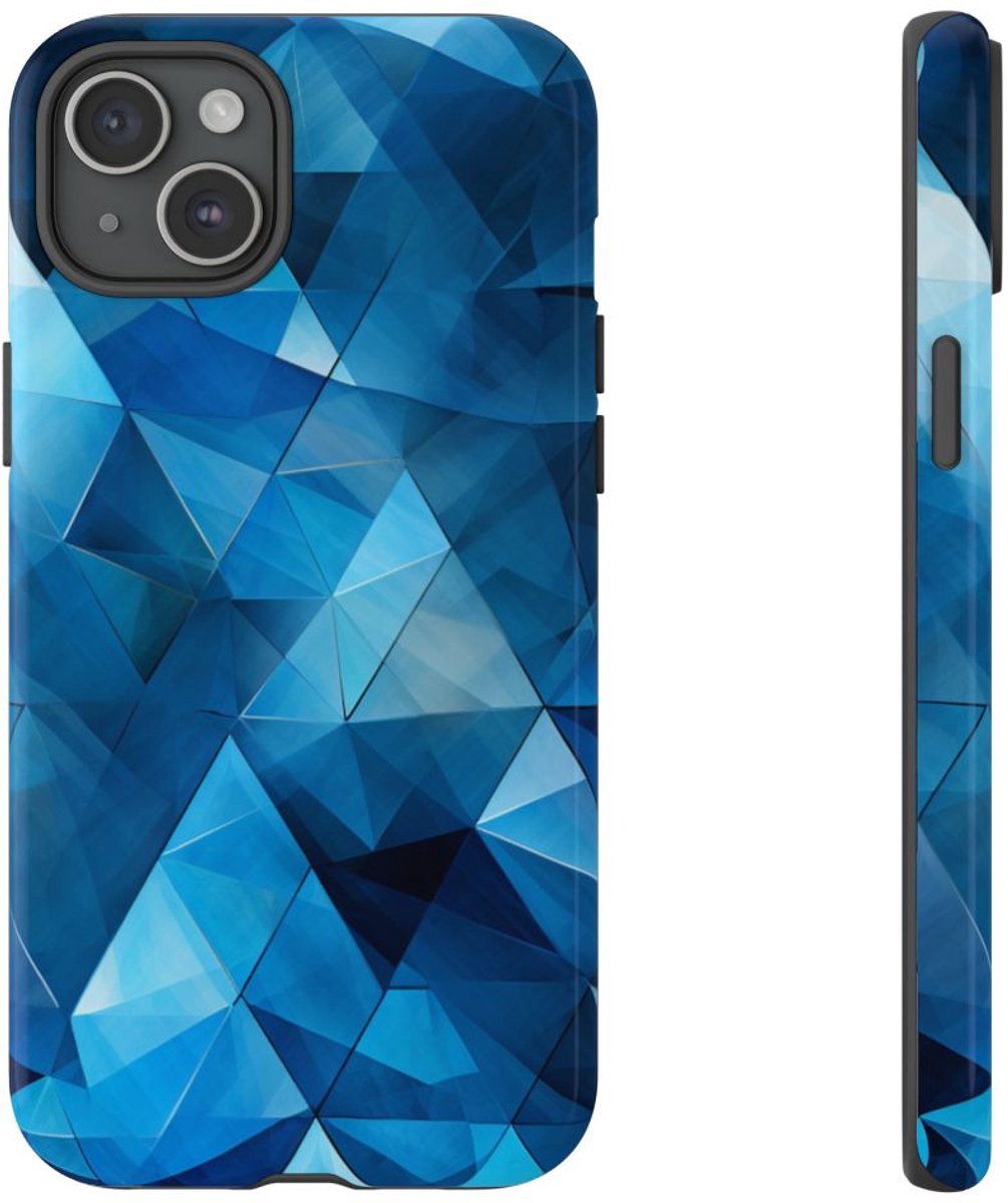 Blauw Geometrisch Driehoekenpatroon – Telefoonhoesje Geschikt voor iPhone 15 Plus