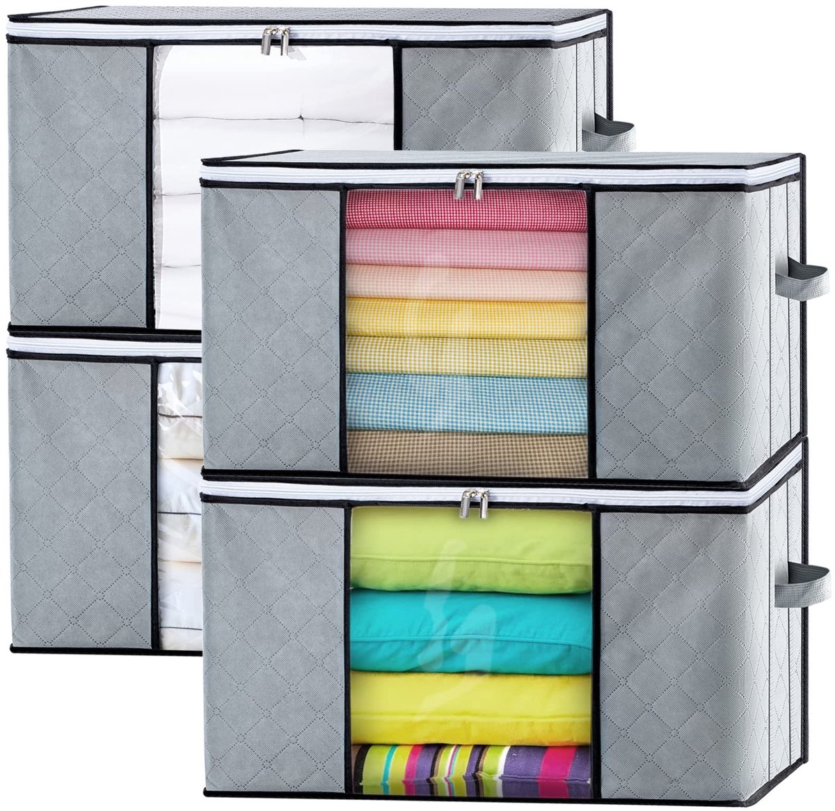 TTLUOKER®Opbergzakken 4-delig voor Dekbedden en Kleding - 90L Opbergtas met Doorkijkvenster & Handvatten - Opvouwbaar (60x45x30 cm, Grijs)