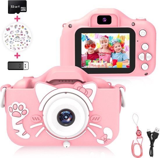 Ilona® Digitale Kindercamera HD 1080p inclusief stickervel - Speelgoedcamera - 32GB micro sd kaart - Fototoestel Voor Kinderen - Selfie Camera - Roze