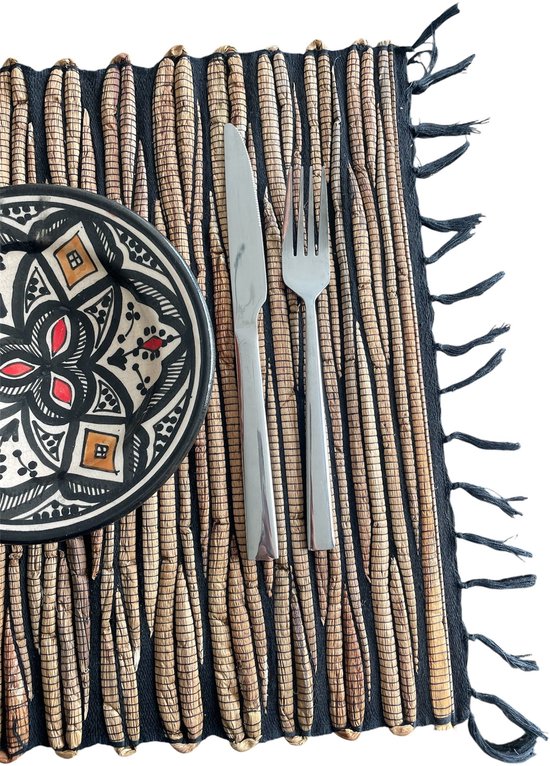 Set de table en jonc de mer - avec franges - Jacinthe Water - Tigre noir à franges - 100% fait main