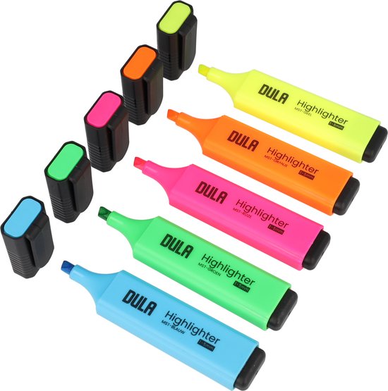 DULA highlighters, geel, oranje, roze, groen en blauw, met losse zwarte doppen.