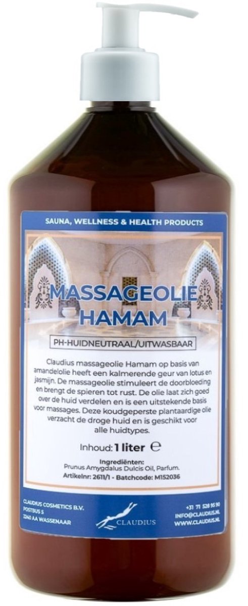 Massageolie Hamam 1 liter met witte pomp - 100% natuurlijk - biologisch en koud geperst