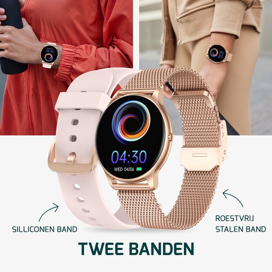 Roze smartwatch met gouden kast, met verwisselbare siliconen en roestvrijstalen mesh banden.