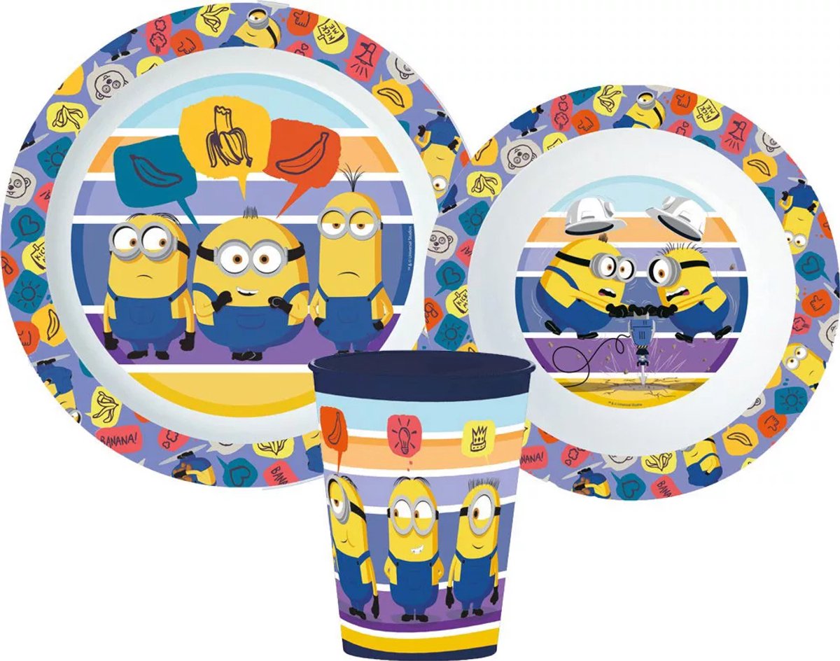 Minions – Kinderserviesset 3-delig – Bord, Kom en Beker - servies - Ontbijtset
