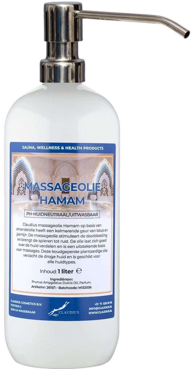 Massageolie Hamam 1 liter met zilveren pomp - 100% natuurlijk - biologisch en koud geperst