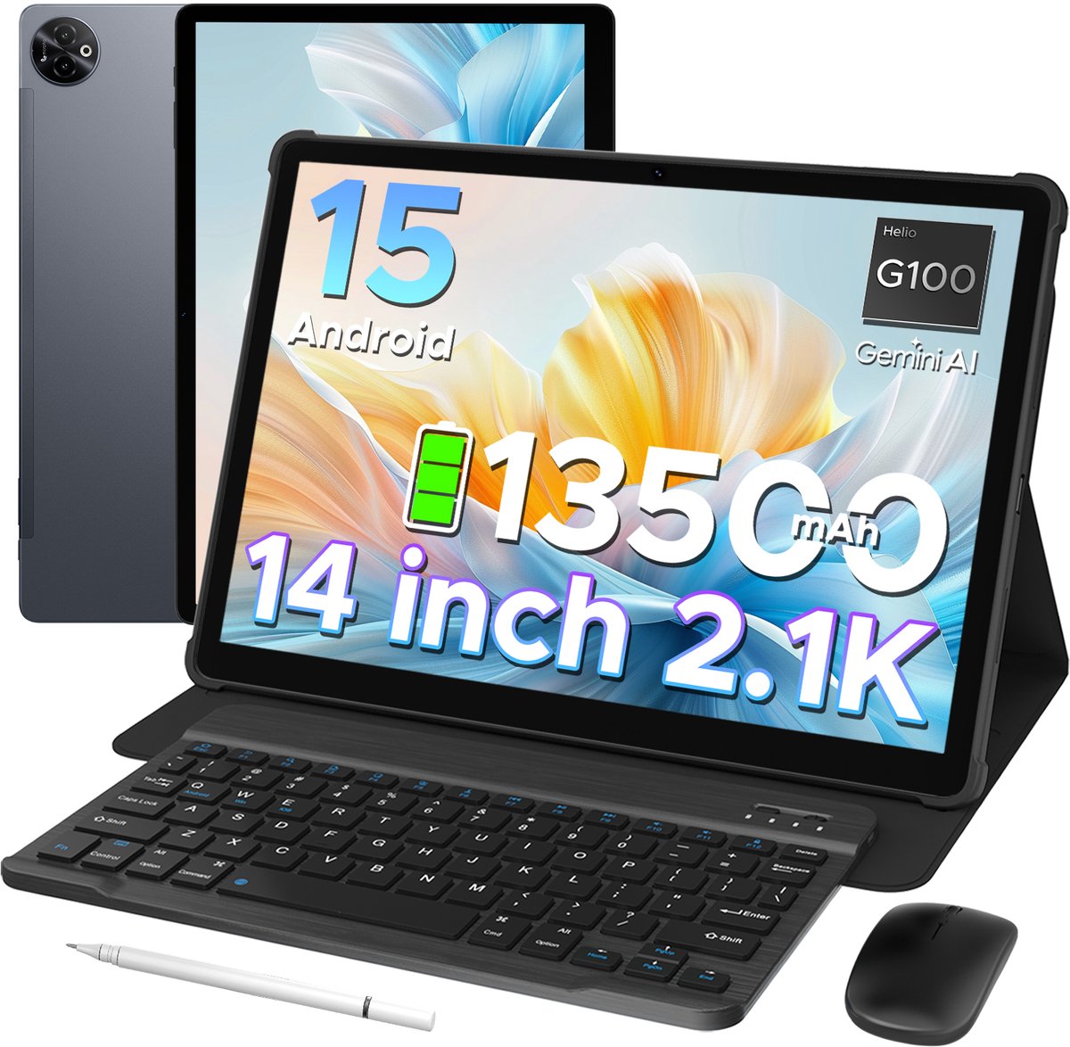 Doogee TAB E3 Max VIP - Tablet - 32 GB RAM + 256 GB ROM /TF 2TB -MTK Helio G100 - 14 inth Ips - Android 15 - 13500mAh - 4G LTE - 5G WLAN - Vier luidsprekers - GPS - Grijs