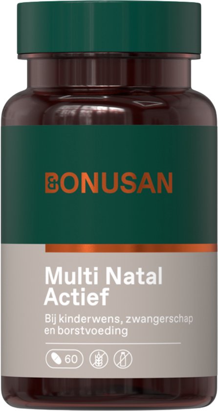 Bruine fles met groen dopje, Bonusan Multi Natal Actief. Voor kinderwens, zwangerschap en borstvoeding.